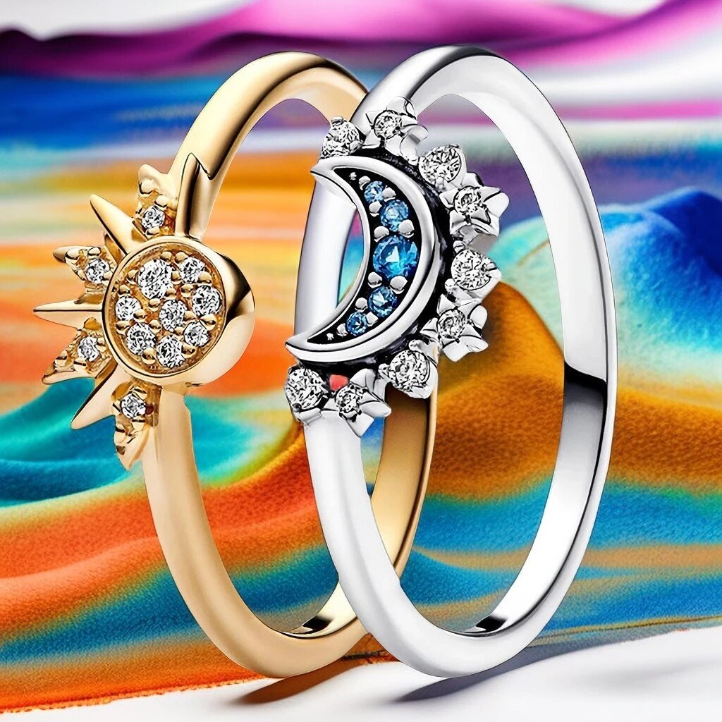 LUNARA RING – Sparkling Silver Crystal Ring with Moon & Sun Design
