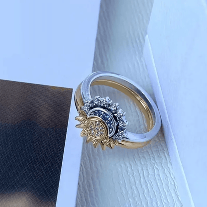 LUNARA RING – Sparkling Silver Crystal Ring with Moon & Sun Design