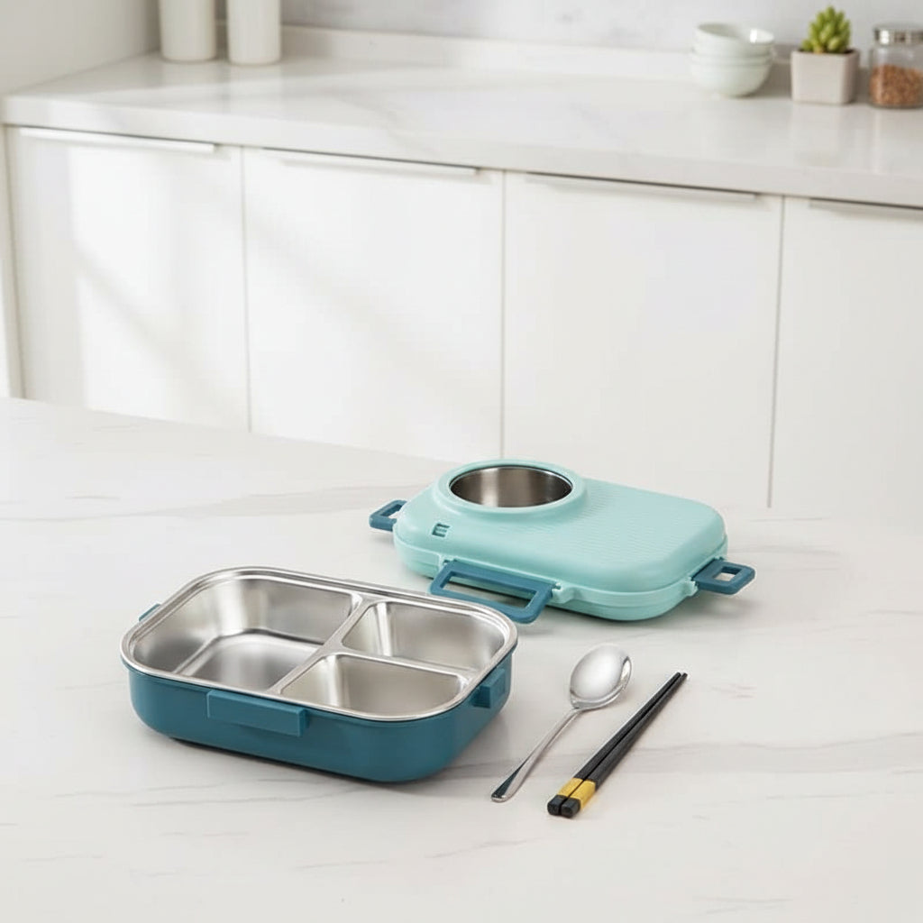 LUNCHMATE – Ruostumattomasta teräksestä valmistettu eväsrasia, jossa on 3 lokeroa tuoreille ja järjestelmällisille aterioille