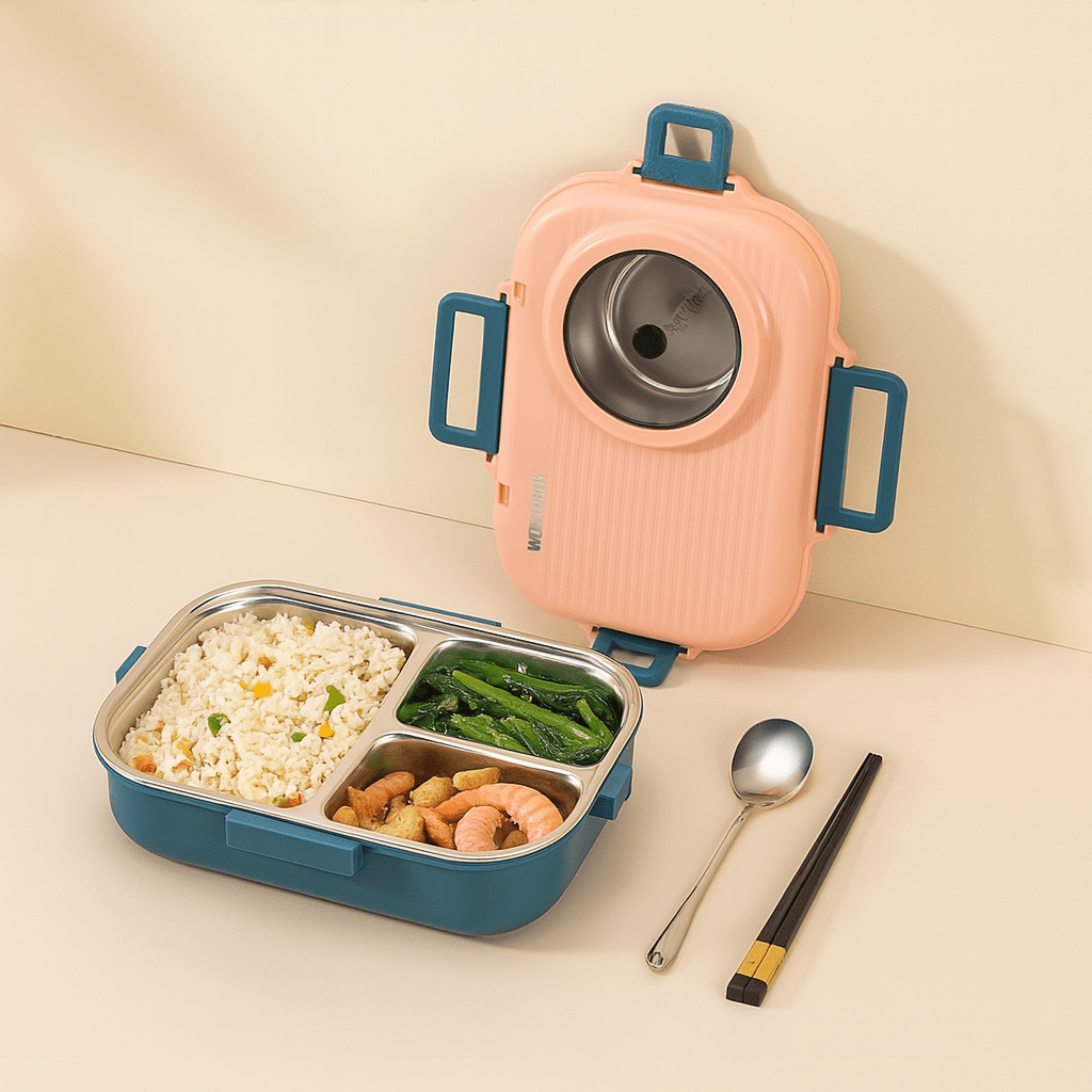 LUNCHMATE – Ruostumattomasta teräksestä valmistettu eväsrasia, jossa on 3 lokeroa tuoreille ja järjestelmällisille aterioille