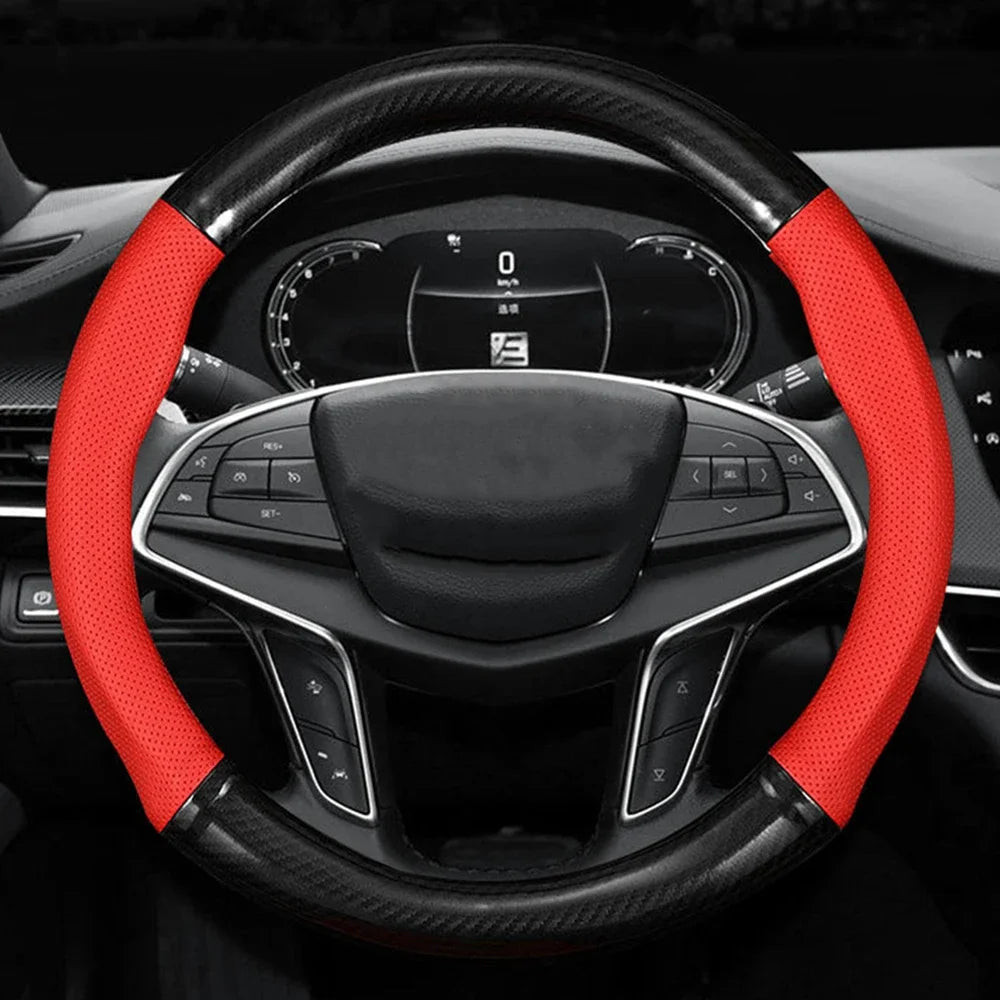 LUXDRIVE – Carbon Fiber Leather Steering Wheel Cover, Anti-Slip & Comfortable