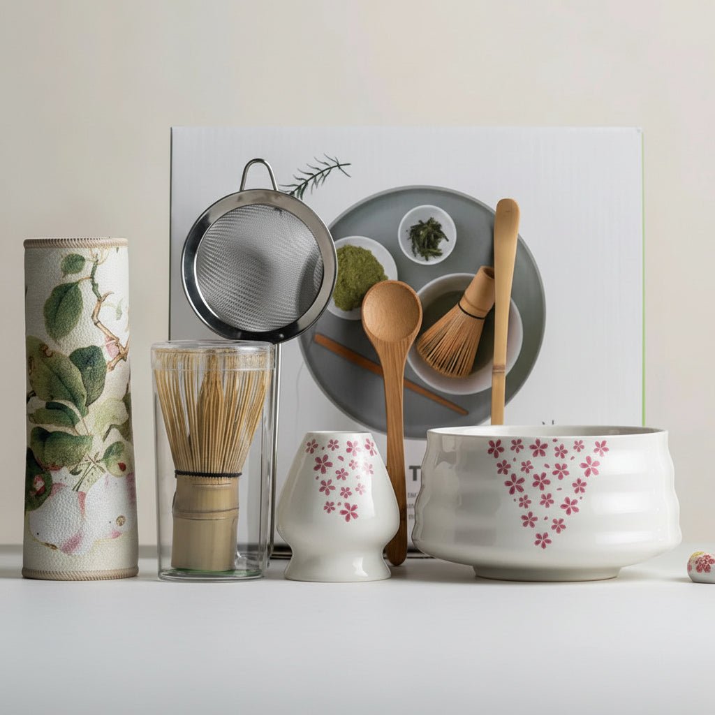 Traditional Japanese Matcha Set - 8-Piece Green Tea Kit with Sakura Bowl & Bamboo Whisk 8