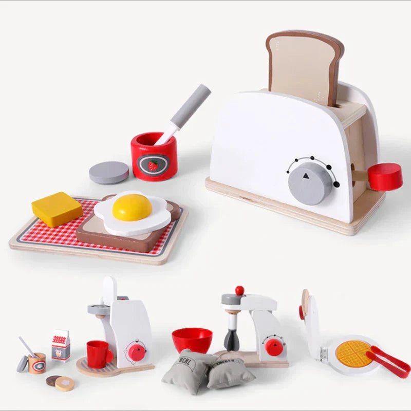 Minichef Woodset - Jeu de cuisine en bois pour enfants - Machine à café, grille-pain et mixeur - Apprentissage inspiré de Montessori
