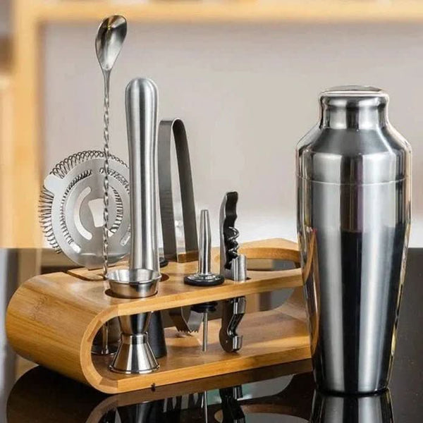 Set Shaker Da Cocktail Professionale 12 Pezzi In Acciaio Inox, Con Supporto In Bambù, Dosatore, Colino, Muddler E Ricettario, 750 Ml