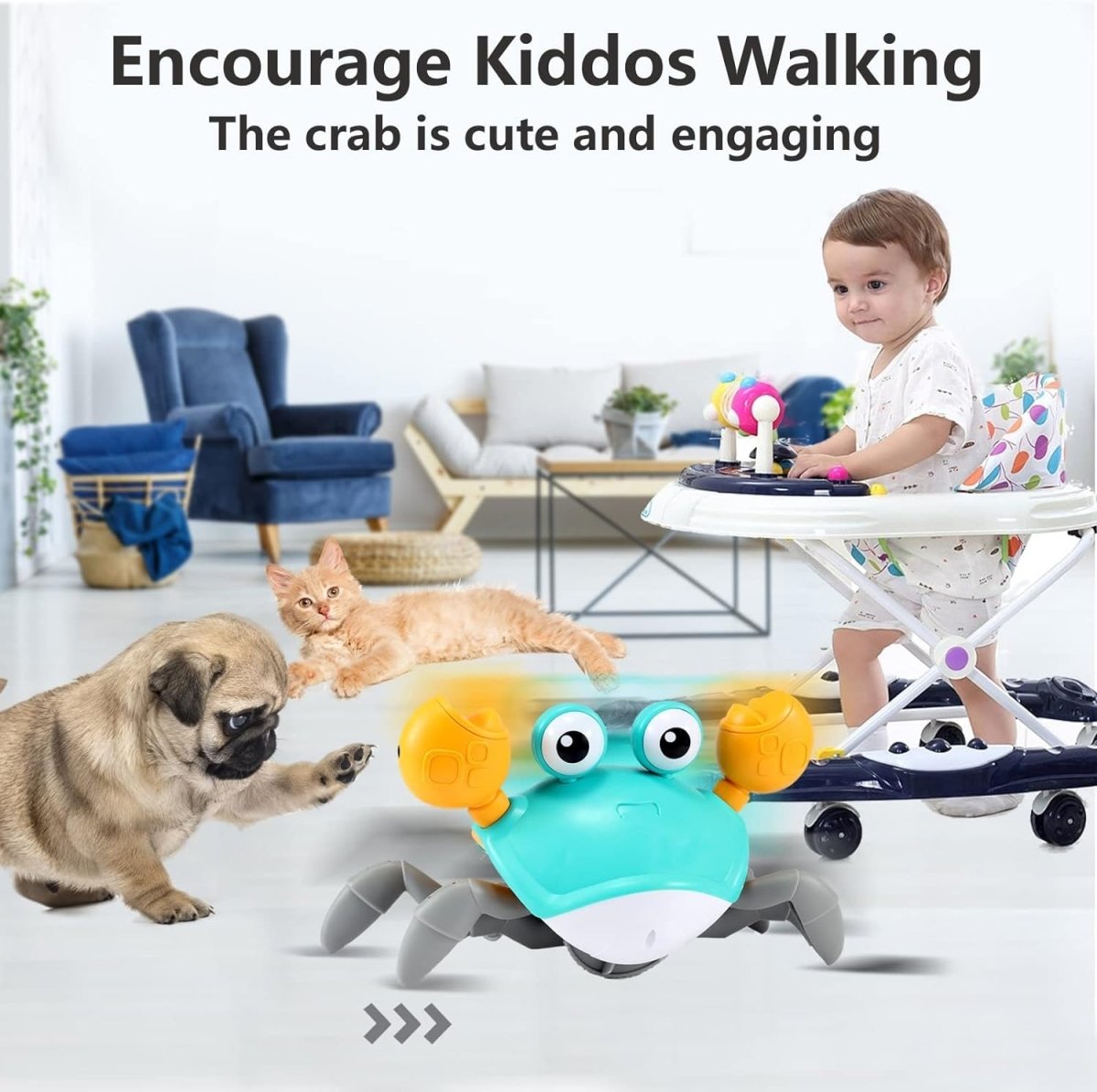 Juguete Moveecrab para gatear – Juguete interactivo para bebés con música, luz y sensor de movimiento