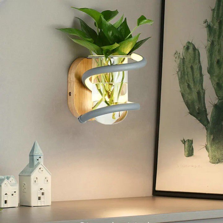 NORDLUME – Lámpara de pared exterior de madera nórdica con jarrón y luz LED