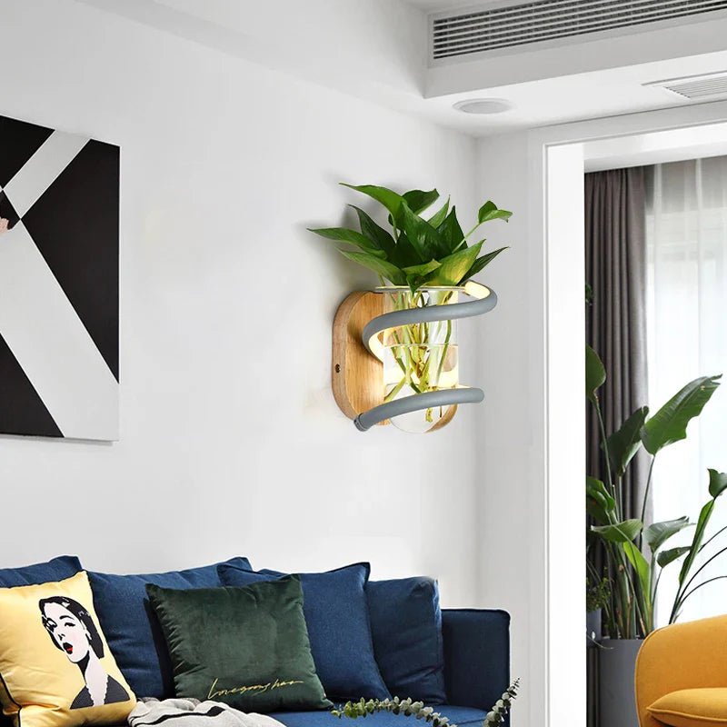 NORDLUME – Lámpara de pared exterior de madera nórdica con jarrón y luz LED