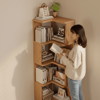 CornerWood - Hoekkast van massief hout met schuine planken voor ruimtebesparing