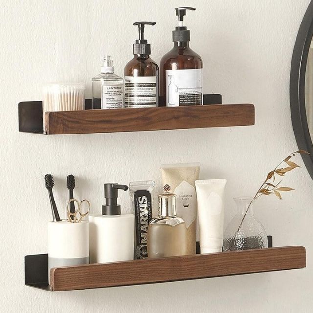 NATURO – Solid Wood Rustic Corner Bathroom Shelf with Tool-Free Adhesive Mount 2