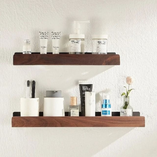 NATURO – Solid Wood Rustic Corner Bathroom Shelf with Tool-Free Adhesive Mount 5
