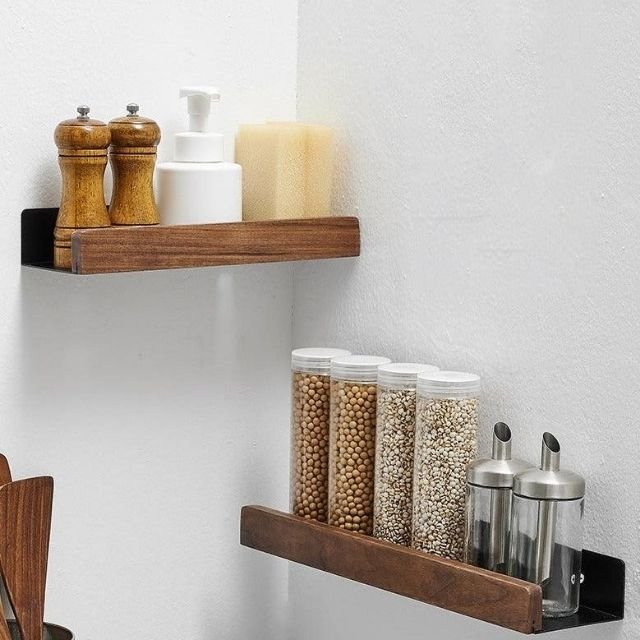 NATURO – Solid Wood Rustic Corner Bathroom Shelf with Tool-Free Adhesive Mount 1
