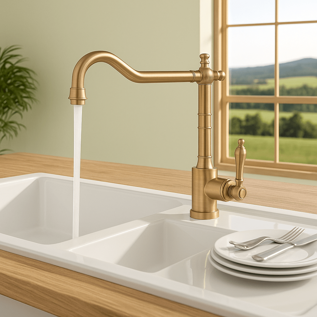 ORNAVIA – kultainen keittiöhana kääntyvällä suuttimella ja vintage-muotoilulla