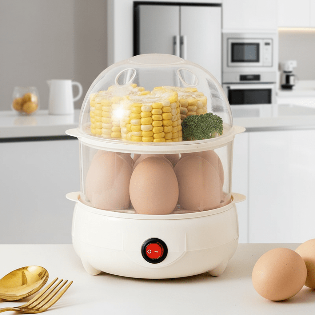 Premium Electric Egg Cooker - Double Layer Multifunctional Steamer for Eggs, Vegetables, and More 0