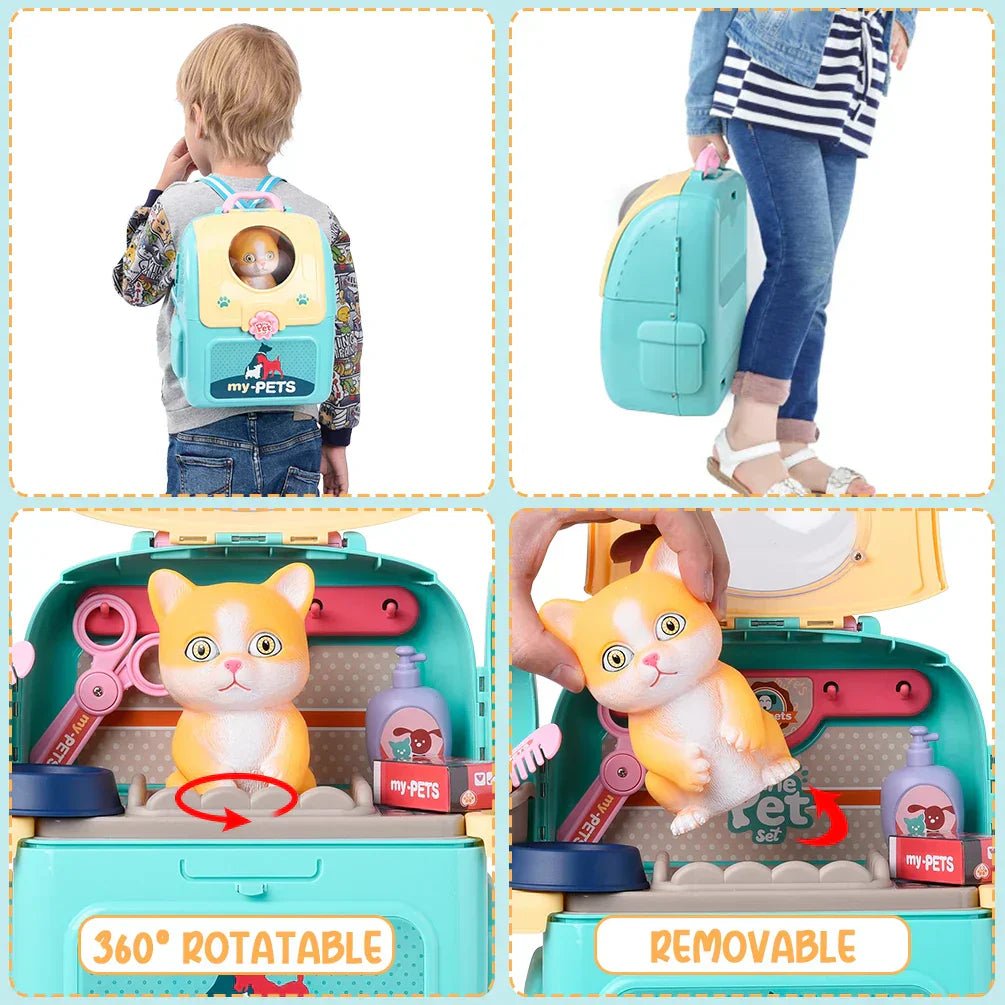 Jeu d'animaux - Jeu de rôle vétérinaire portable pour enfants avec sac à dos et 16 accessoires