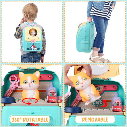 Jeu d'animaux - Jeu de rôle vétérinaire portable pour enfants avec sac à dos et 16 accessoires
