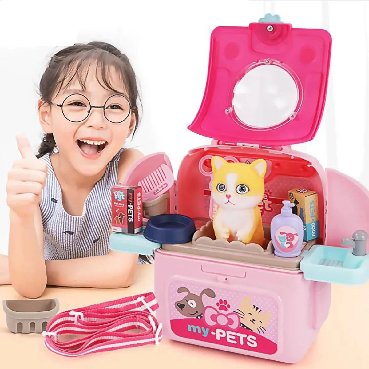 Jeu d'animaux - Jeu de rôle vétérinaire portable pour enfants avec sac à dos et 16 accessoires