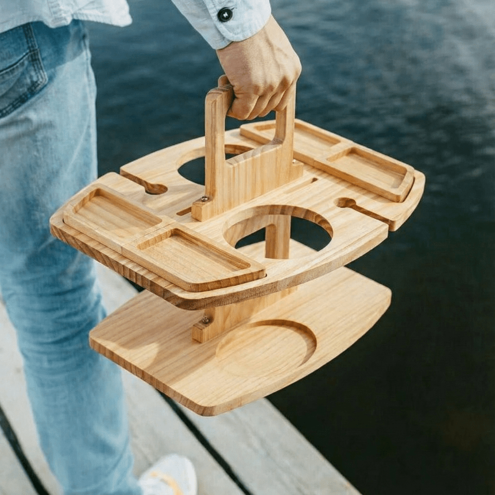 PICNIVA Wooden Picnic Table - Compartmentalized Design for Wine & Snacks 6