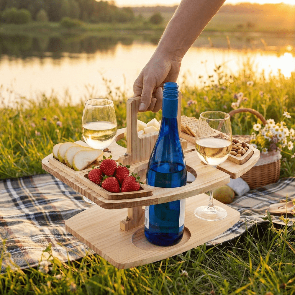 PICNIVA Wooden Picnic Table - Compartmentalized Design for Wine & Snacks 4