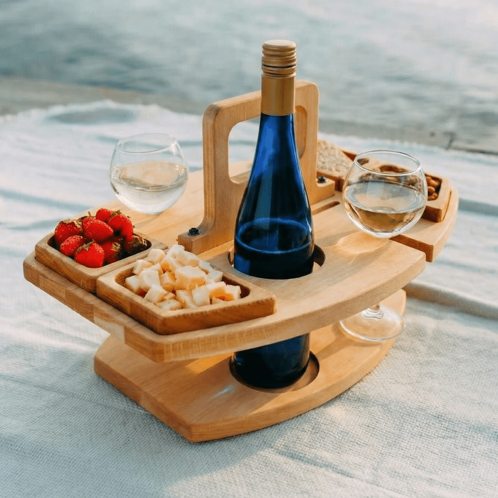 PICNIVA Wooden Picnic Table - Compartmentalized Design for Wine & Snacks 2