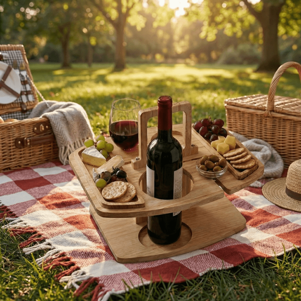 PICNIVA Wooden Picnic Table - Compartmentalized Design for Wine & Snacks 1