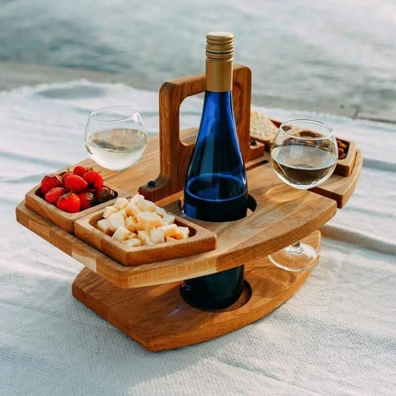 Portable Wooden Picnic Table - foldable wooden table with glass holders & snack compartments for garden, beach & outdoor 0