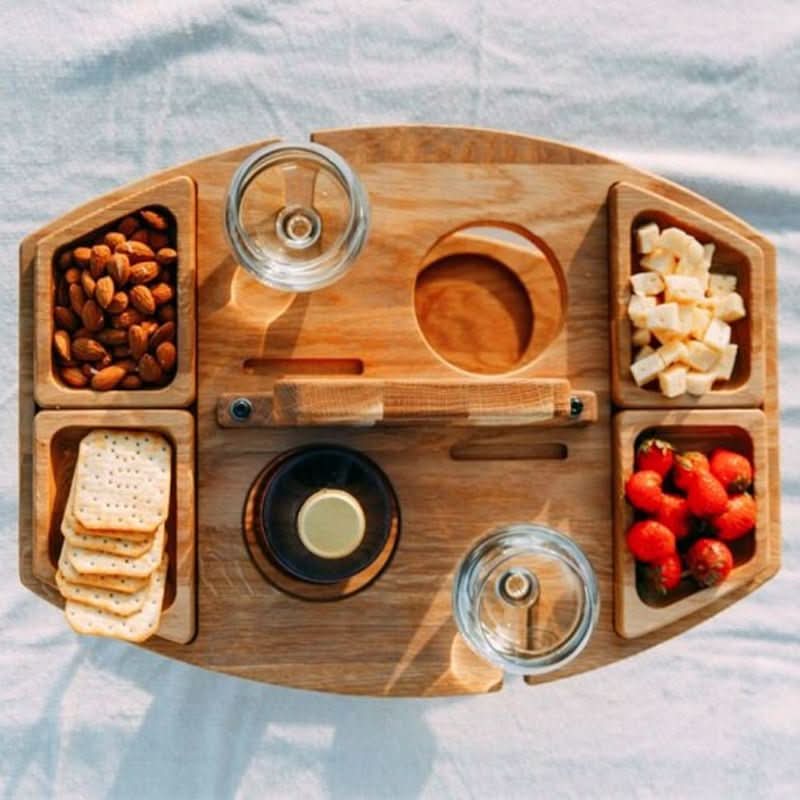Portable Wooden Picnic Table - foldable wooden table with glass holders & snack compartments for garden, beach & outdoor 4