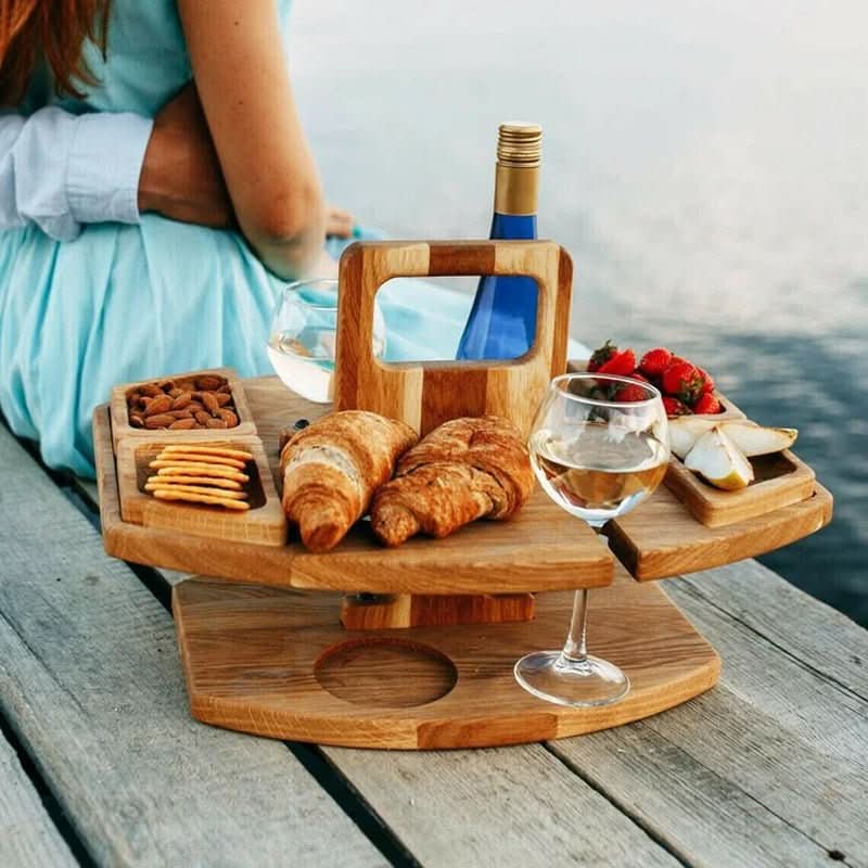 Portable Wooden Picnic Table - foldable wooden table with glass holders & snack compartments for garden, beach & outdoor 2