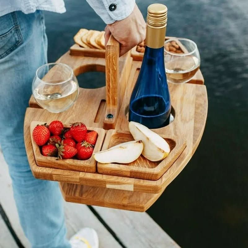 Portable Wooden Picnic Table - foldable wooden table with glass holders & snack compartments for garden, beach & outdoor 3