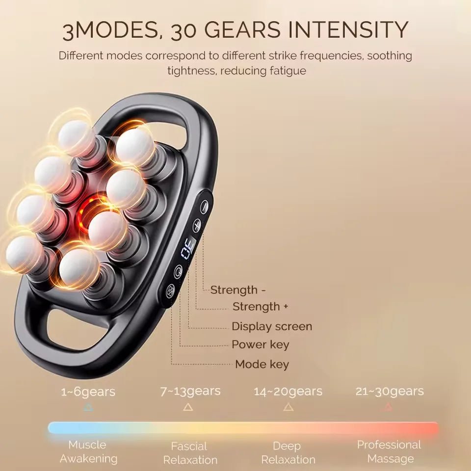 PowerRelief 8 – Pistolet de massage fascia avec 8 têtes, 3 modes et 30 niveaux d'intensité