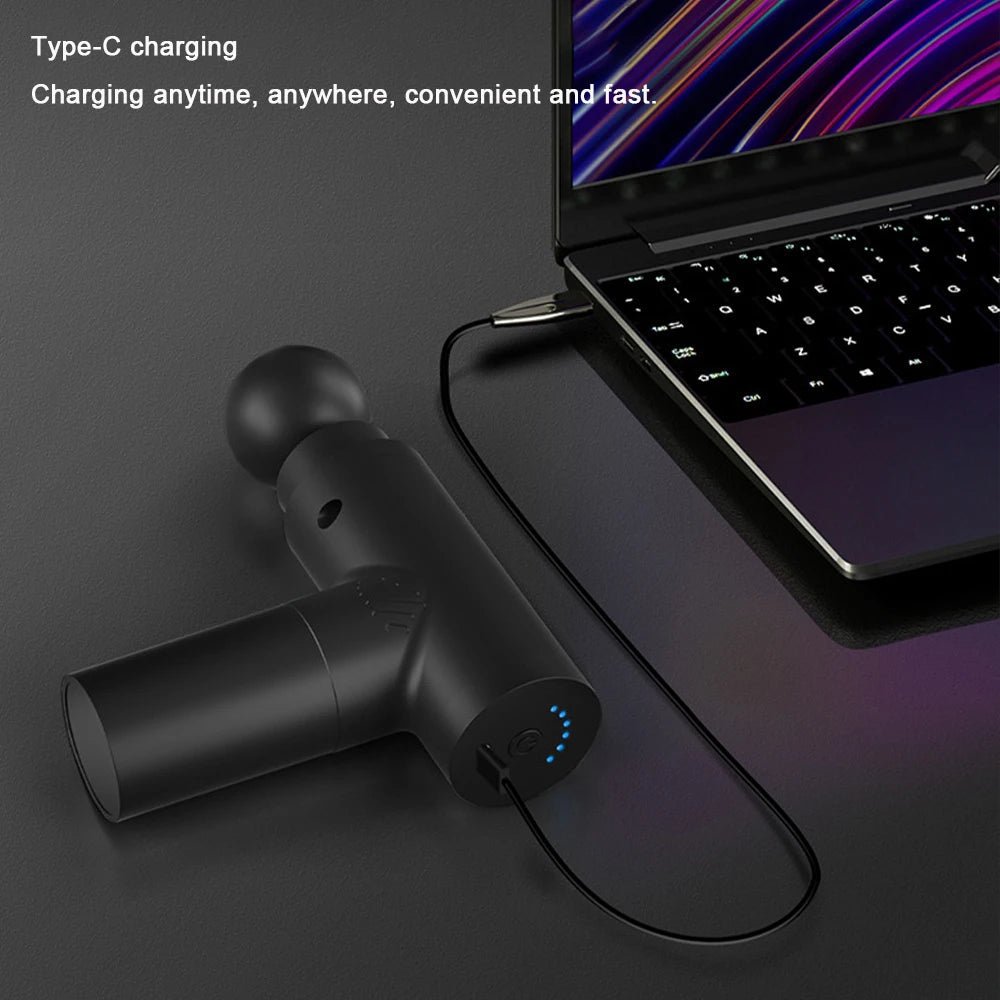 PulsePro Mini – Pistolet de fascia compact avec 6 niveaux de vitesse et 4 têtes de massage