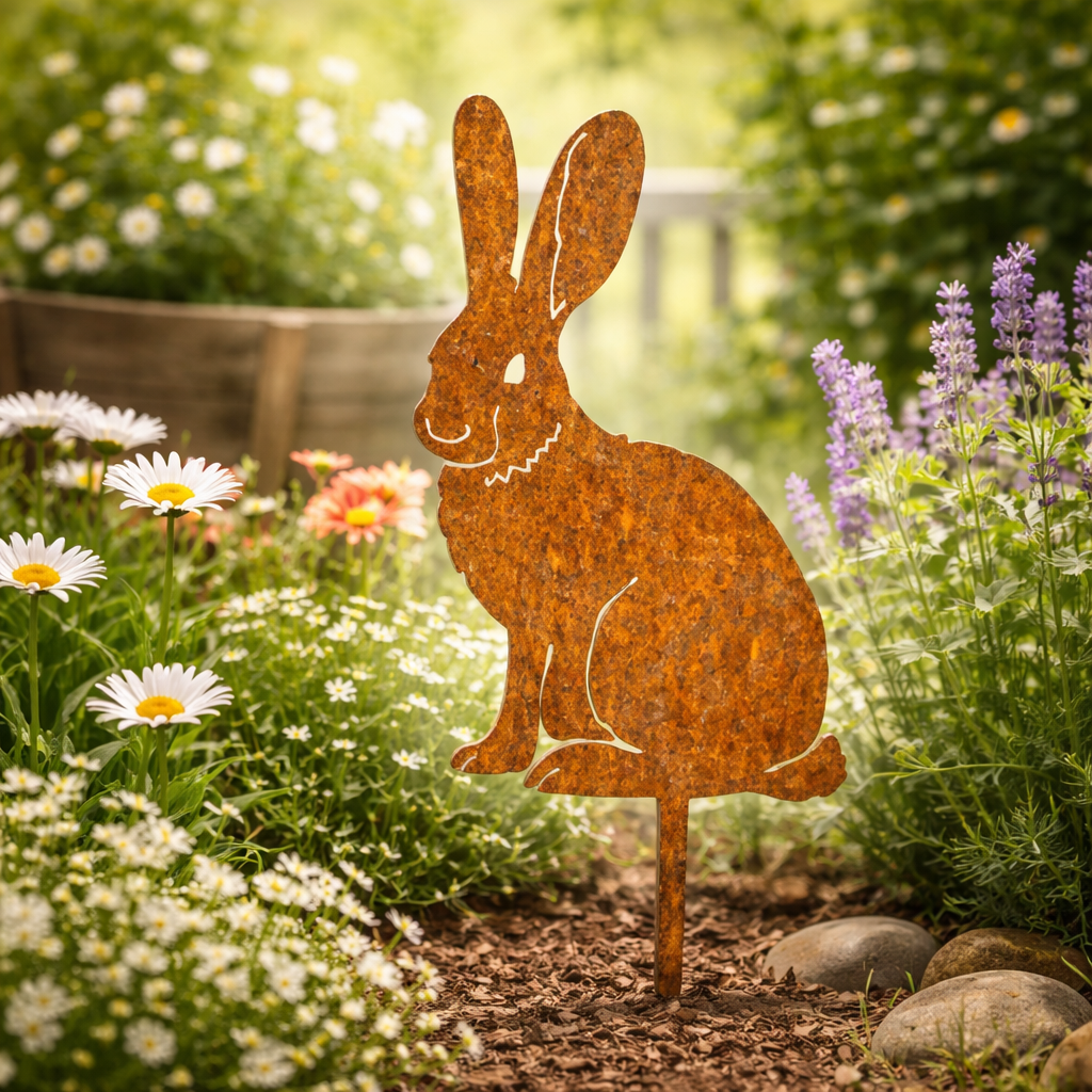 RABBITRAIL – Rustic Metal Rabbit Garden Stake for Farmhouse Outdoor Decor