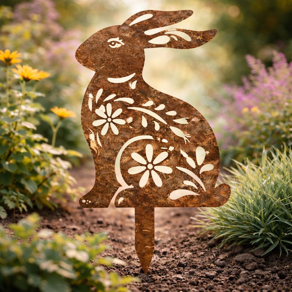 RABBITRAIL – Rustic Metal Rabbit Garden Stake for Farmhouse Outdoor Decor