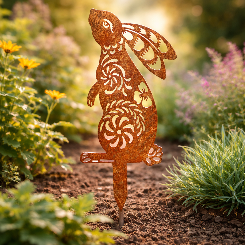RABBITRAIL – Rustic Metal Rabbit Garden Stake for Farmhouse Outdoor Decor
