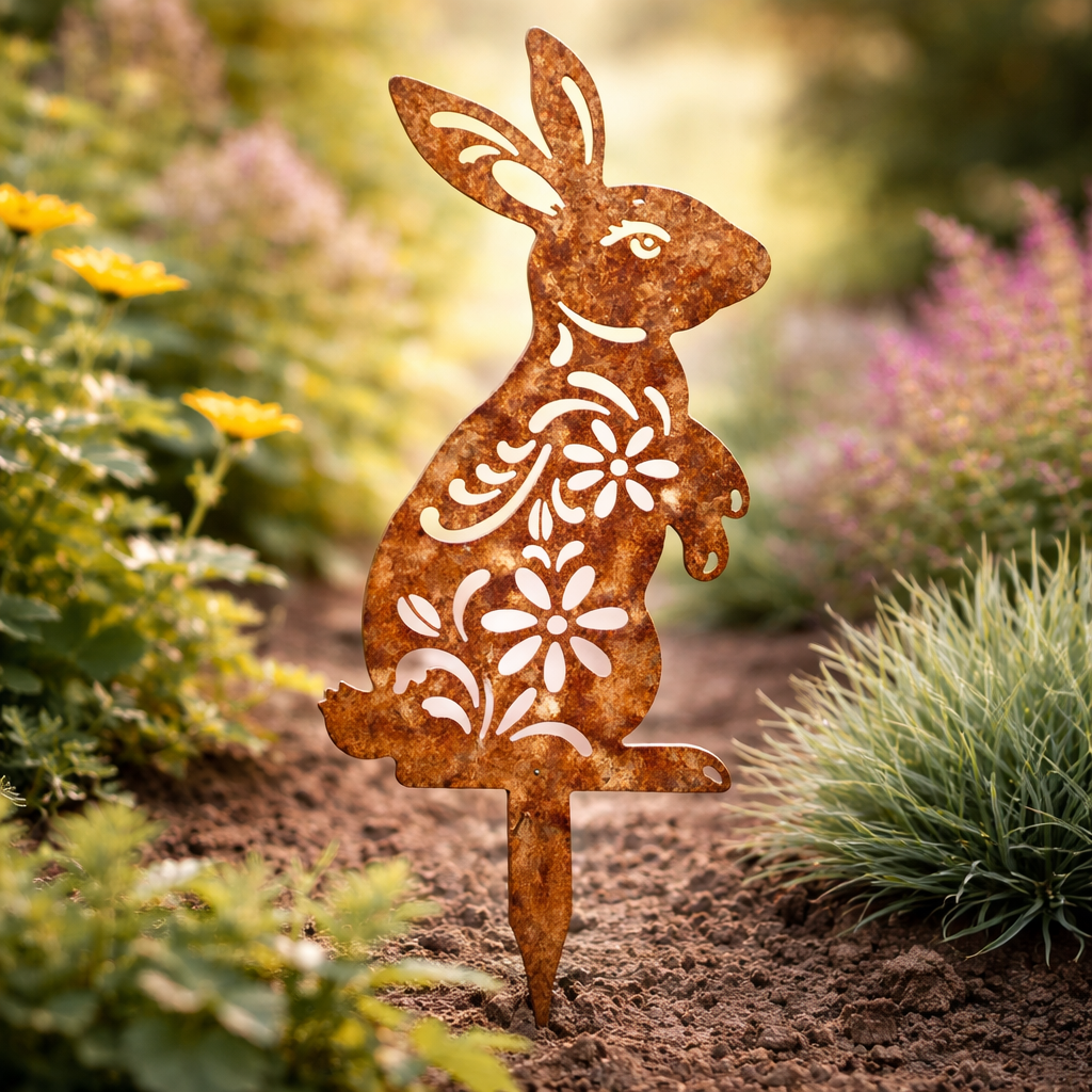 RABBITRAIL – Rustic Metal Rabbit Garden Stake for Farmhouse Outdoor Decor
