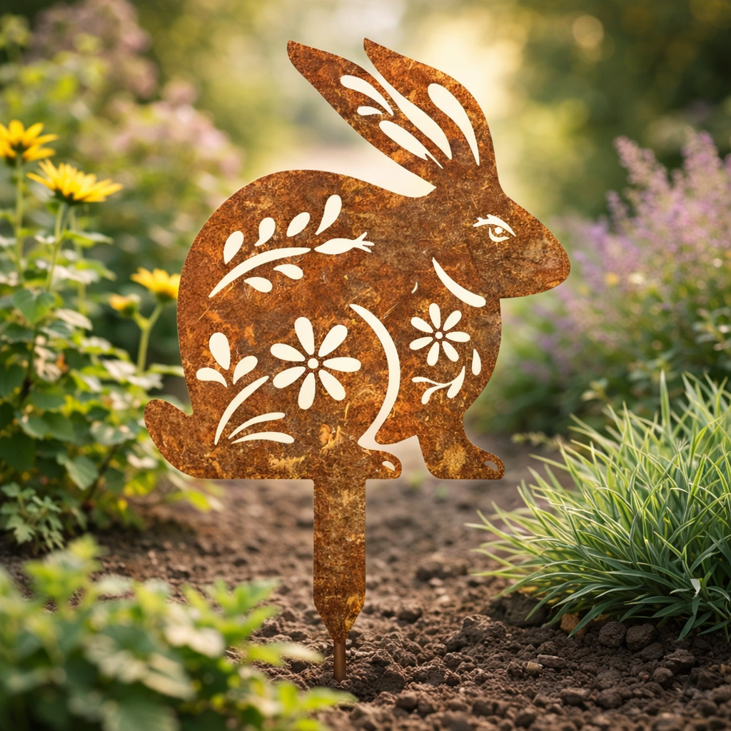 RABBITRAIL – Rustic Metal Rabbit Garden Stake for Farmhouse Outdoor Decor