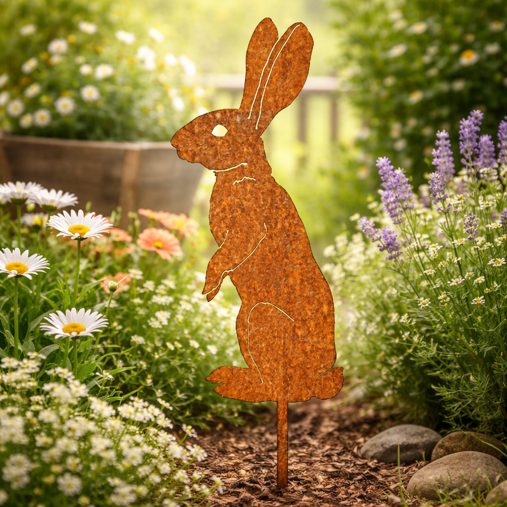 RABBITRAIL – Rustic Metal Rabbit Garden Stake for Farmhouse Outdoor Decor