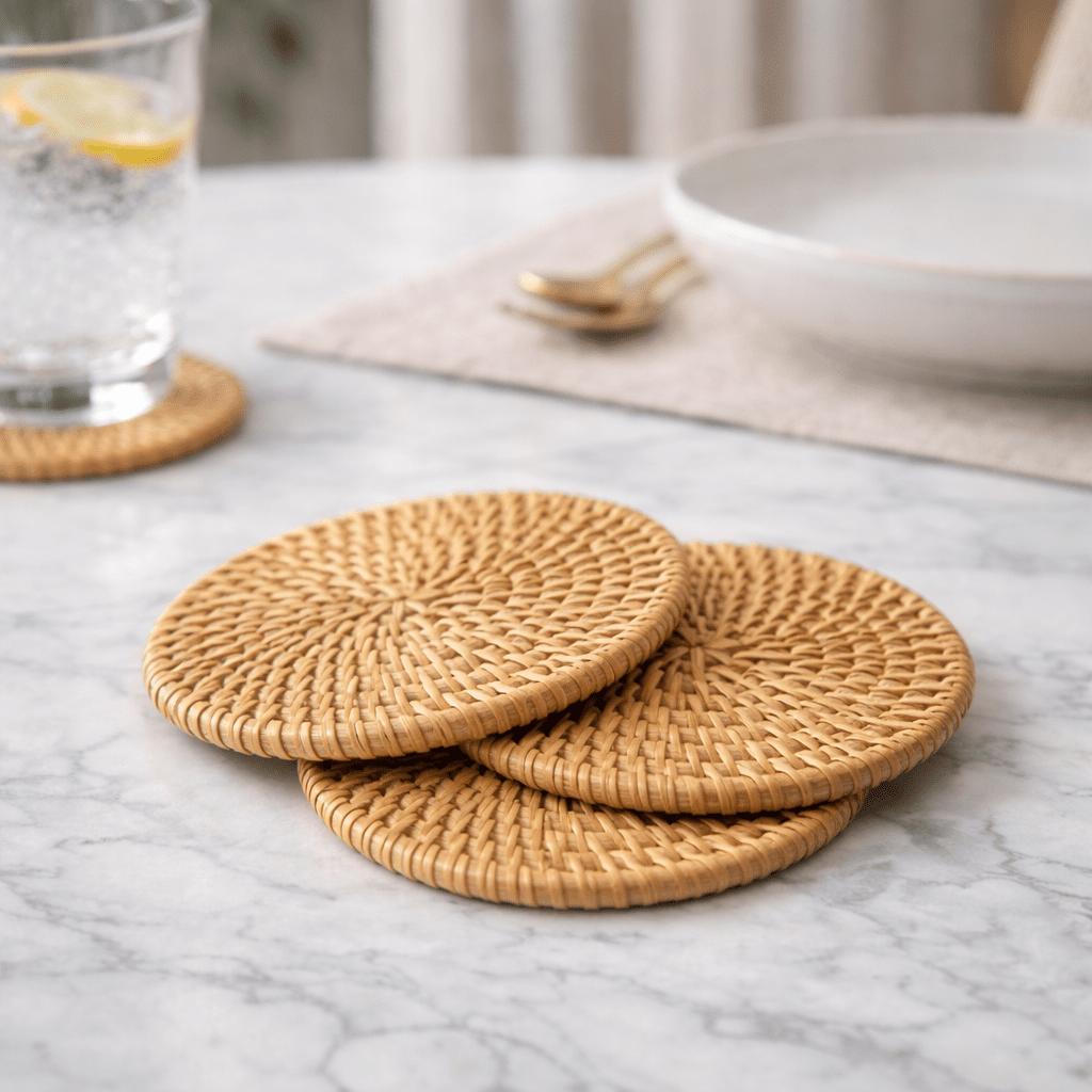 RATTANRA – Heat-Insulating Rattan Drink Coasters for Table Protection