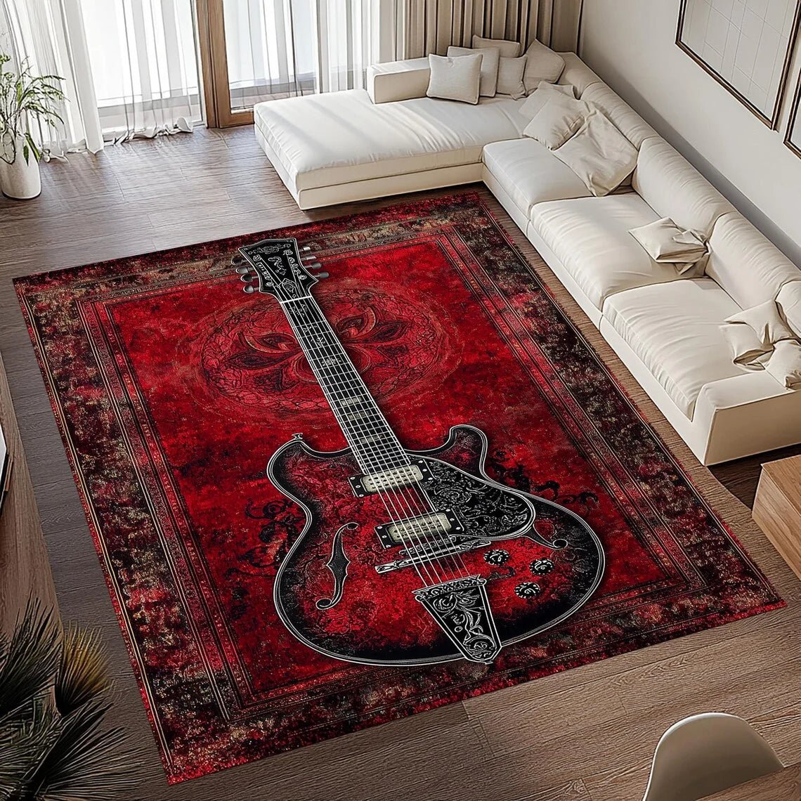 MELODYMAT – Vintage Guitar Print Area Rug Soft Flannel Non-Slip Floor Mat for Home Decor 0