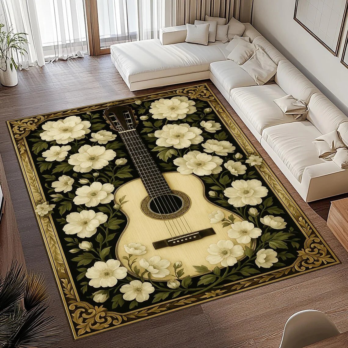 MELODYMAT – Vintage Guitar Print Area Rug Soft Flannel Non-Slip Floor Mat for Home Decor 3