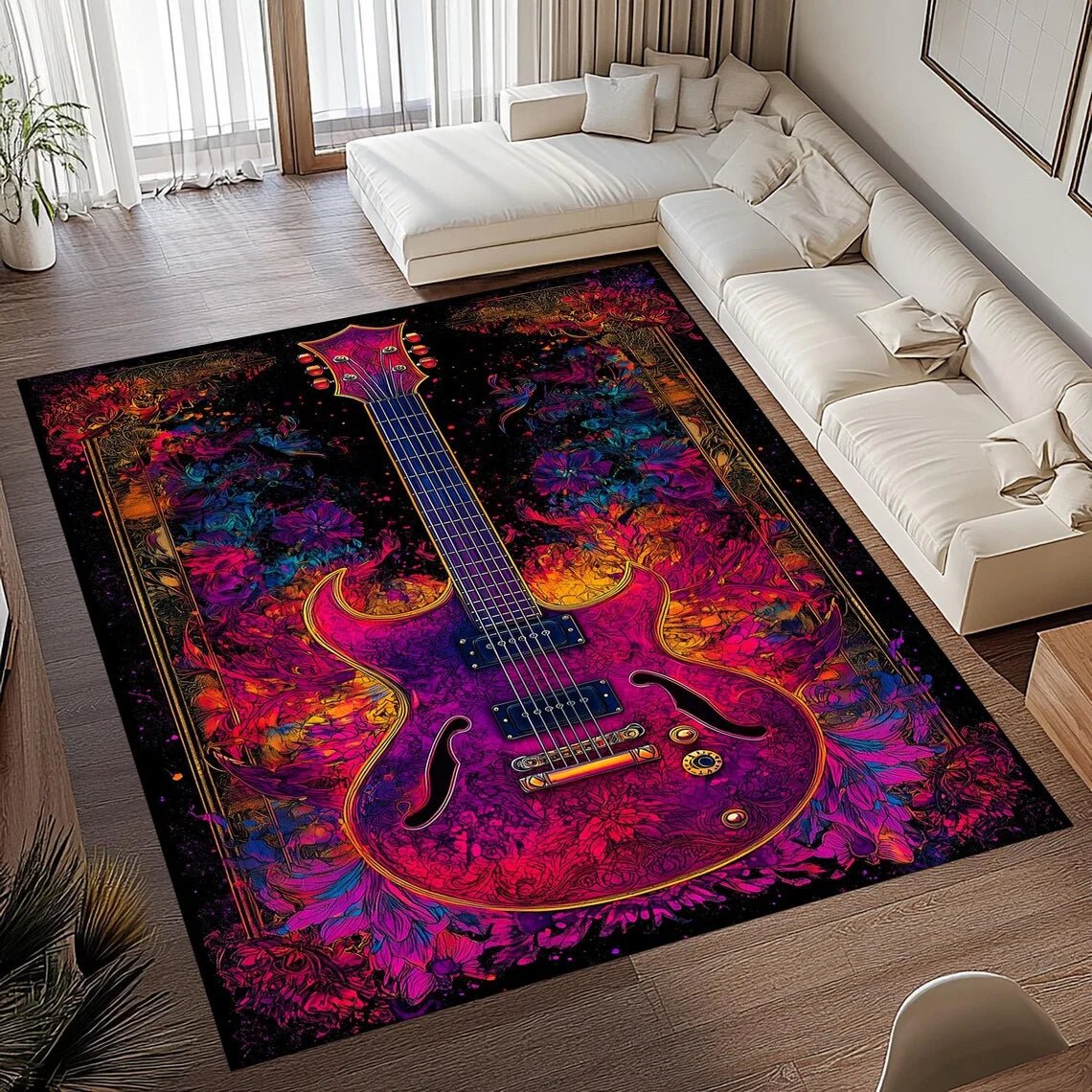 MELODYMAT – Vintage Guitar Print Area Rug Soft Flannel Non-Slip Floor Mat for Home Decor 2