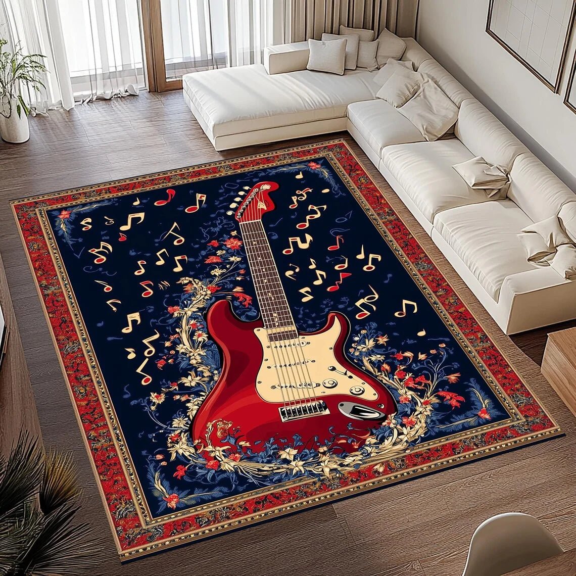 MELODYMAT – Vintage Guitar Print Area Rug Soft Flannel Non-Slip Floor Mat for Home Decor 1
