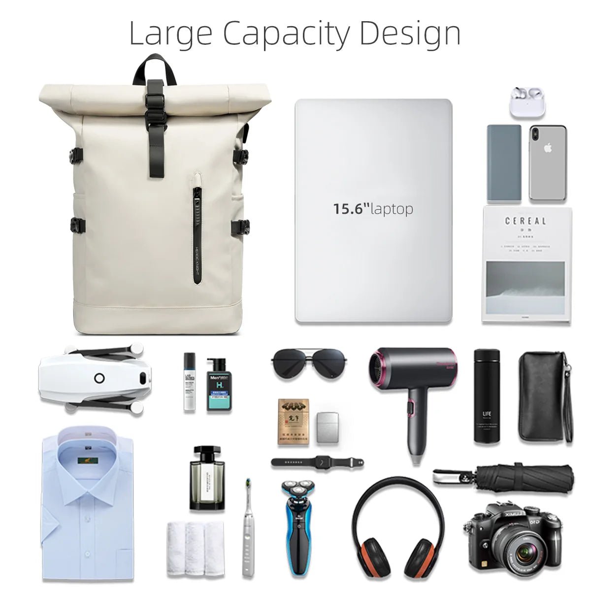 ROLLTRAIL Rolltop Backpack – Expandable, Waterproof, USB Charging, Anti-Shock, Fits 15.6” Laptop