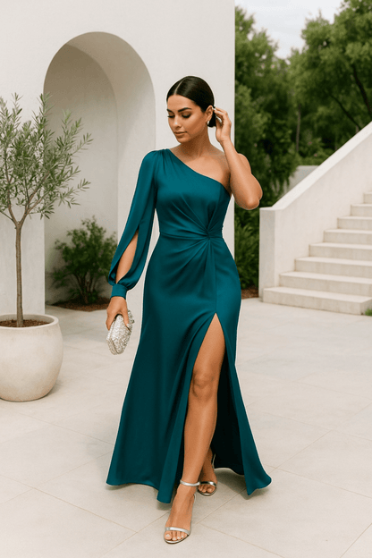 Sculpta One Shoulder Dress-asymmetrical dress with draping & slot for elegant silhouettes 1