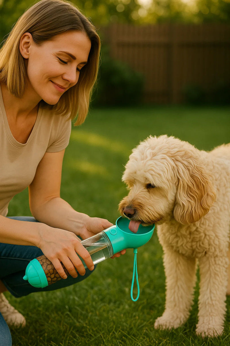 SNACKBUDDY PRO – Botella de agua y dispensador de comida 2 en 1 para perros con soporte para bolsa