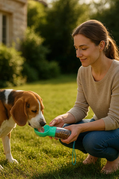 SNACKBUDDY PRO – Botella de agua y dispensador de comida 2 en 1 para perros con soporte para bolsa