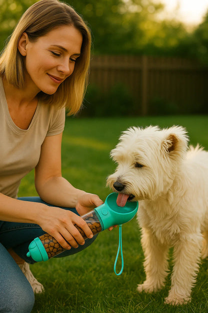 SNACKBUDDY PRO – Botella de agua y dispensador de comida 2 en 1 para perros con soporte para bolsa