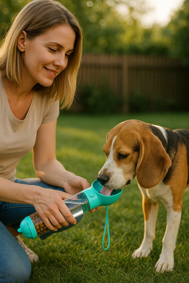 SNACKBUDDY PRO – Botella de agua y dispensador de comida 2 en 1 para perros con soporte para bolsa