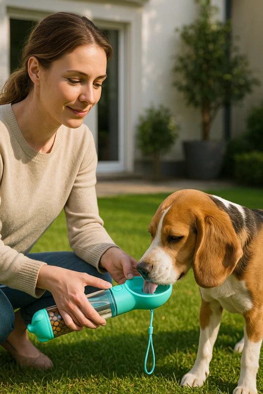 SNACKBUDDY PRO – Botella de agua y dispensador de comida 2 en 1 para perros con soporte para bolsa