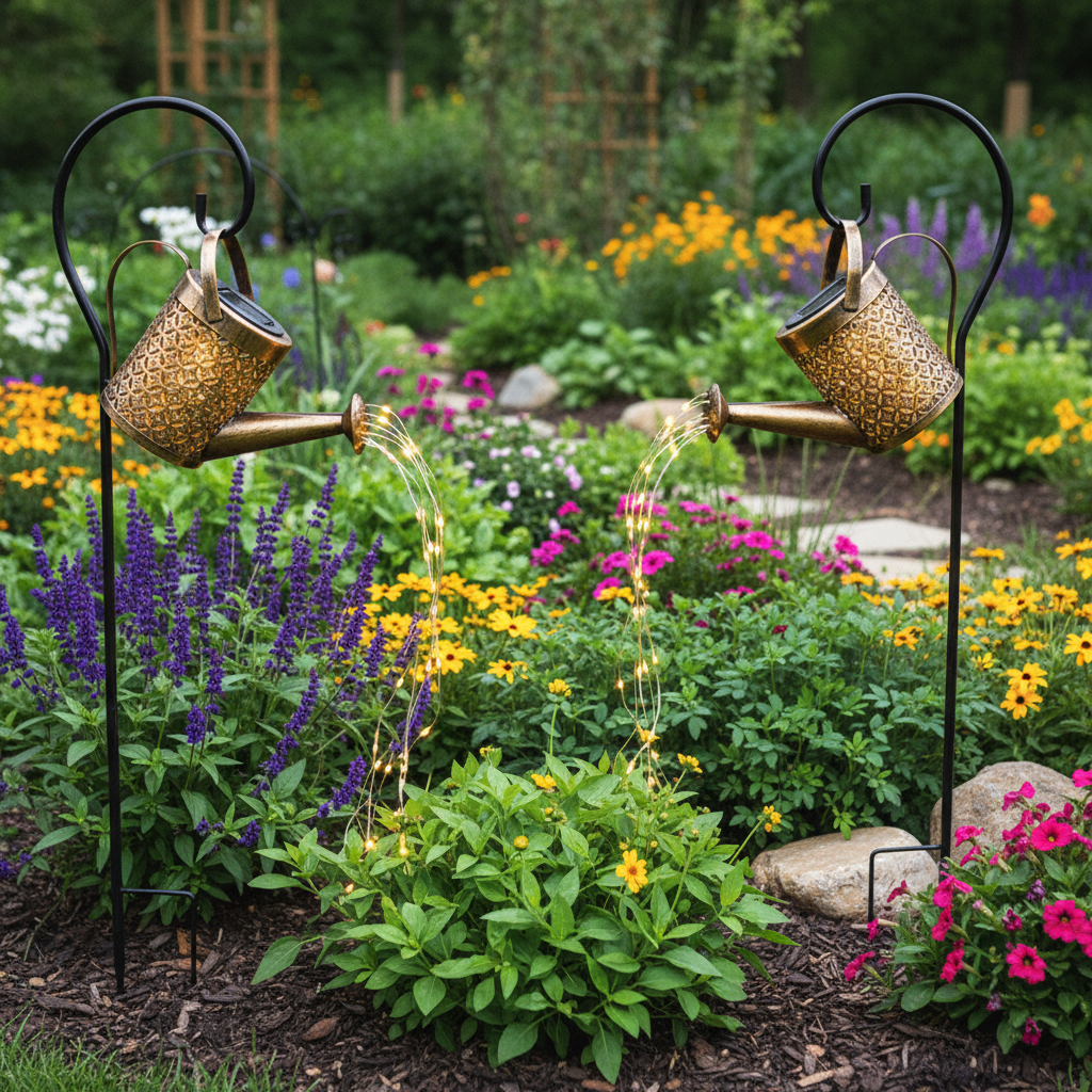 Solar Powered Garden Lamp - Wrought Iron Watering Can Design with 36 LED Lights for Magical Outdoor Ambiance-1