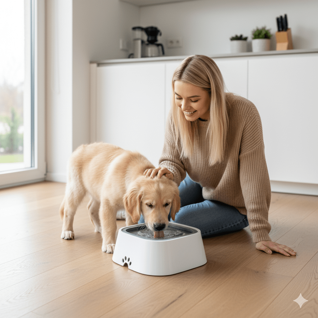 SpillLess Flow – Cuenco de agua anti-salpicaduras con disco flotante (1.5 L) para mascotas